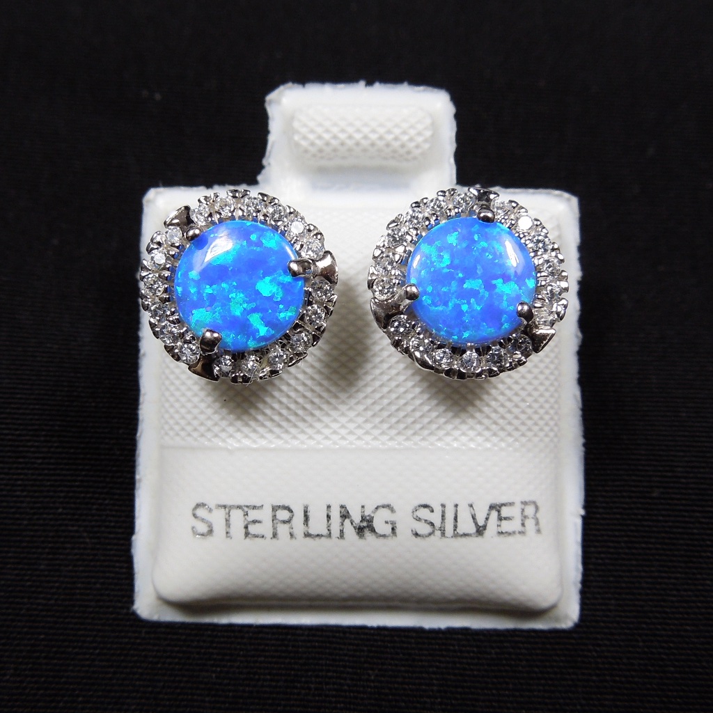 Blue Fire Opal Sterling Silver Cz Stud Earrings
